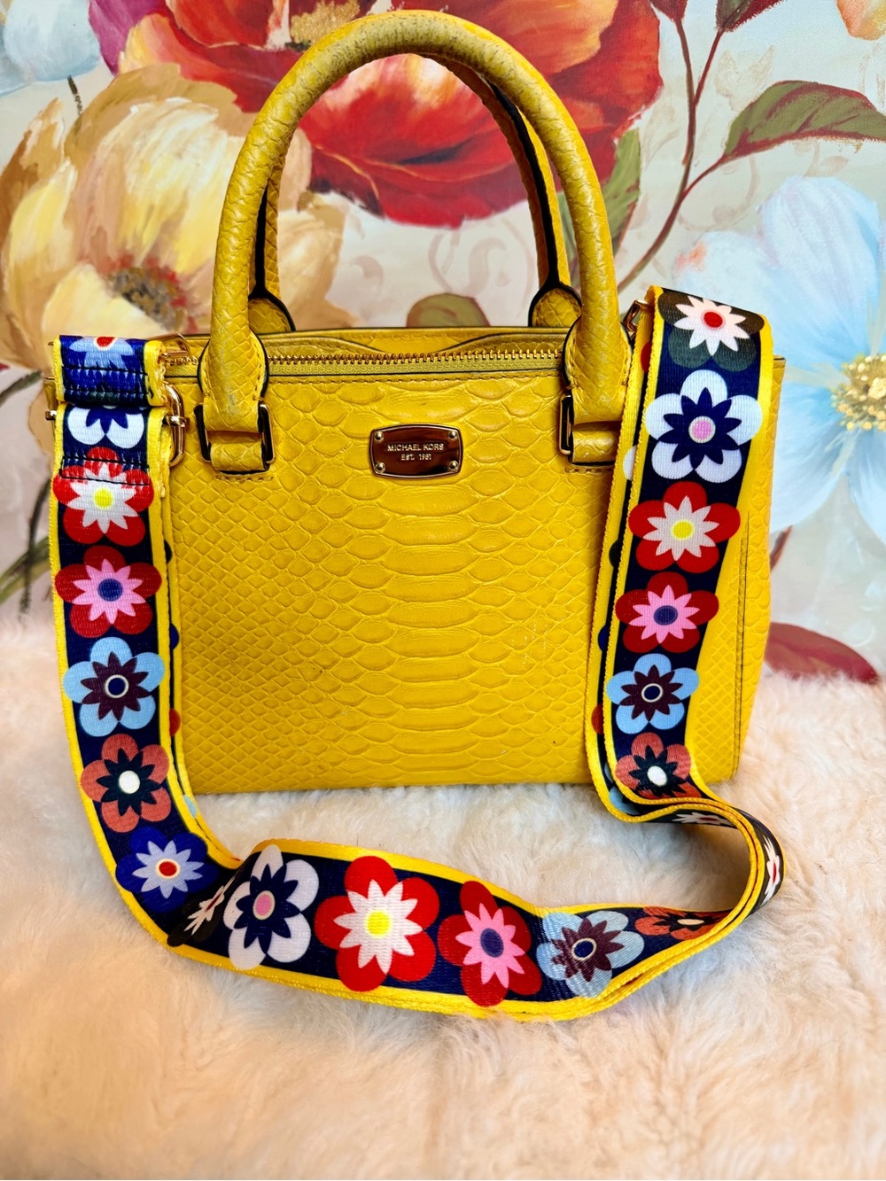Michael Kors Preloved Croc-Embossed Leather Satchel w/Brand New Floral Strap - Picture 3 of 17